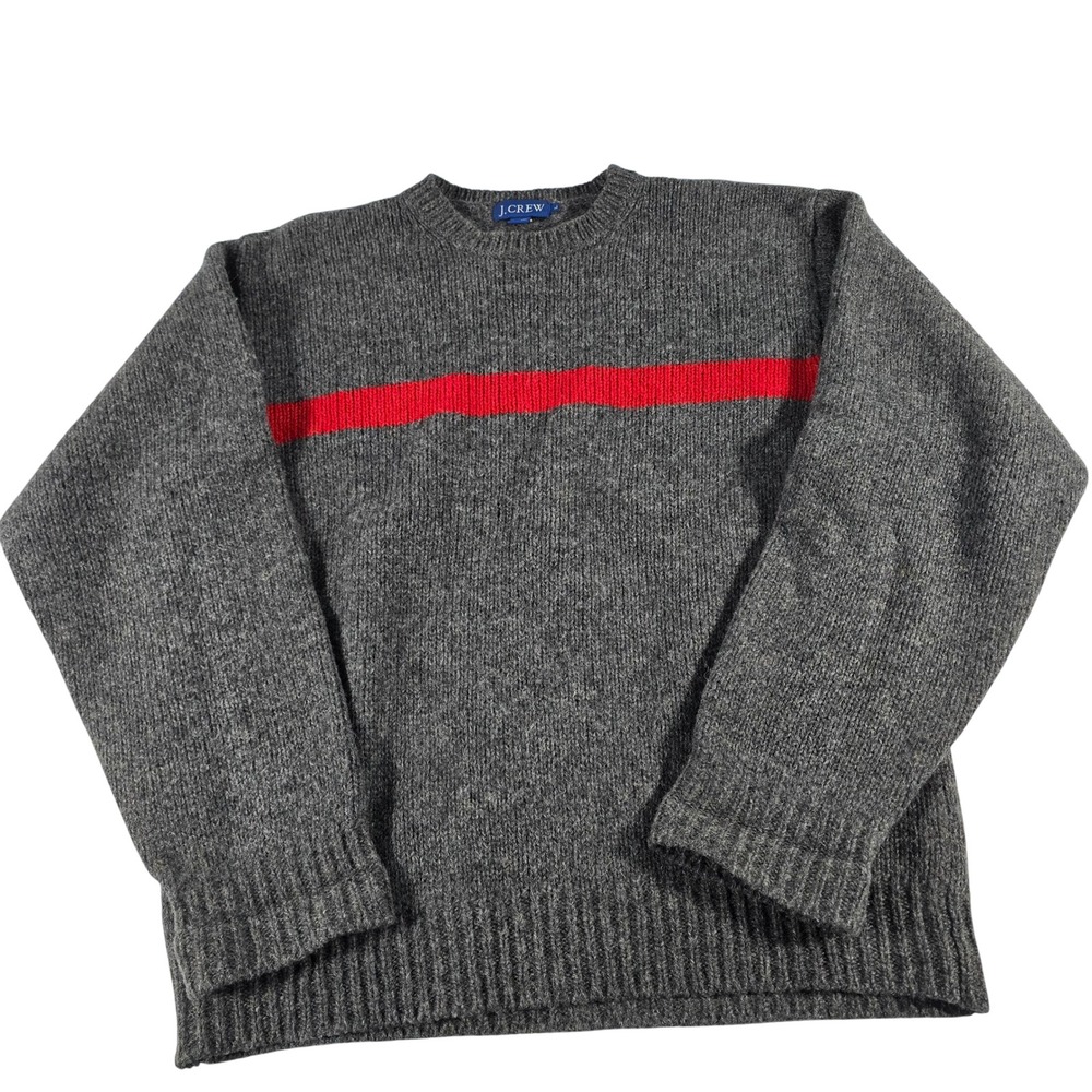 J.Crew Mens Wool Crewneck Sweater Large Gray Red Stripe Knit Pullover